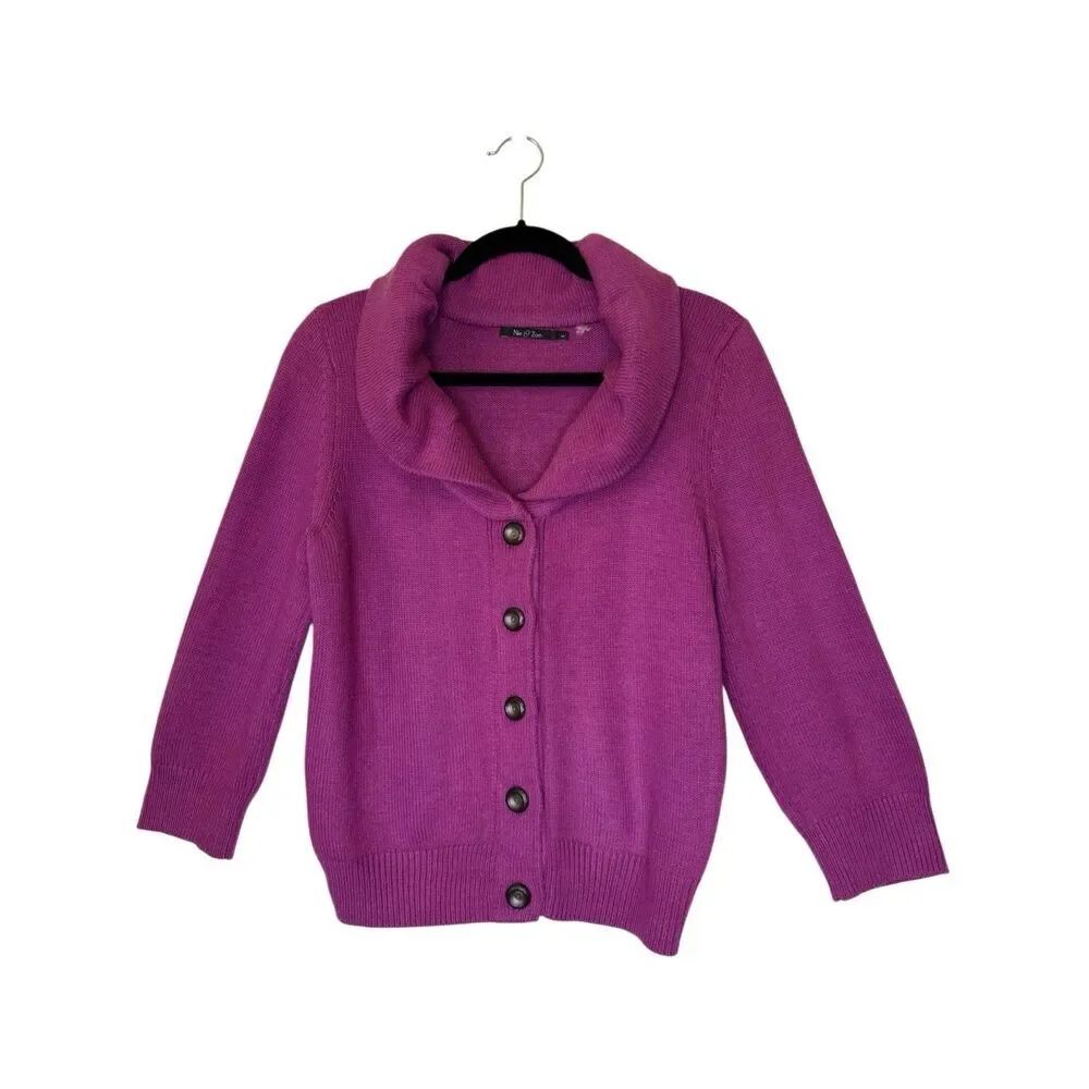 Nic+Zoe Sweater Magenta Wide Collar Cardigan Sz L Grandmacore, Y2K, Barbiecore